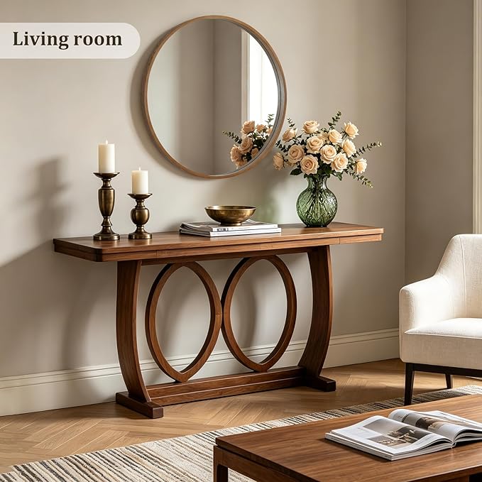 HOMECOOKIN Round Wood Mirror 32 inch Circle Mirror, Rustic Farmhouse Wooden Framed Decorative Wall Decor, Vanity Wall Mirror for Bathroom, Bedroom, Entryway, Living Room (Walnut)