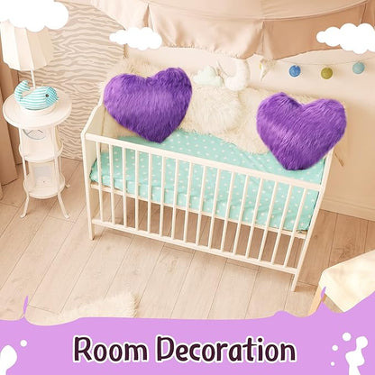 Enhon 2 Pcs Fluffy Heart Pillows Faux Fur Heart Shaped Plush Pillow Soft 20 x 15.7 Inch Love Throw Pillows with Insert for Decorative Office Home Bedroom Living Room Sofa(Violet)