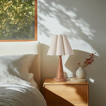 Modern Table Lamp with Petal Linen Lampshade, Light Faux Wood Metal Base, 20.5” Bedside Nightstand Lamp for Bedroom, Living Room, Office, E26 Base, Max 60W (Bulb Not Included)