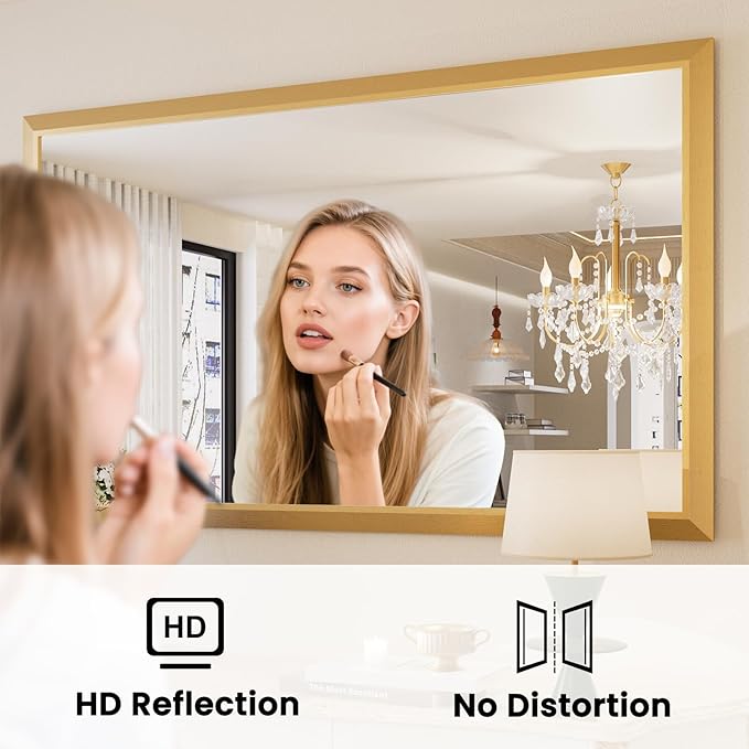Amorho 50x36 Inch Bathroom Mirror, Gold Thick Metal Framed Wall Mirrors for Over Sink, Wall-Mounted Mirrors Perfect for Bedroom, Living Room, Entryway, Rectangle (Horizontal/Vertical).