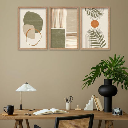 SRSZHIYUE Large Green Abstract Boho Plant Wall Art Neutral Bohemian Set of 3 Wood Framed 24x16 Inch for Living Room Bedroom Wall Decor Hanging (Wood)