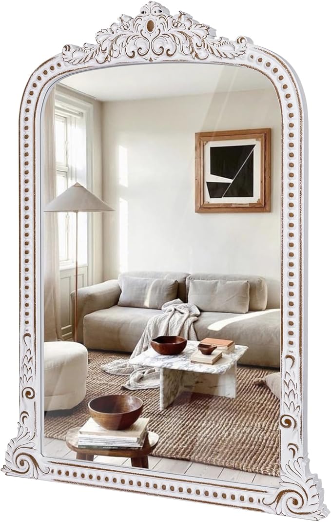 HOITUZYUS French Vintage Statement Wall Mirror: 38x28 Inch Baroque Arched Mirror - Ornate Antique Decorative Mirrors for Fireplace, Entryway, Bedroom, Bathroom - Home Decor for Living Room