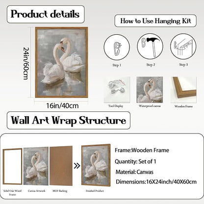 Framed Vintage Swan Canvas Wall Art, Romantic White Swan Paintings Wall Decor, Rustic Animal Pictures Prints Farmhouse Home Decor for Living Room Bedroom 16x24 inch