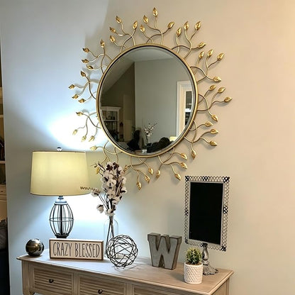 Chende 39" x 39" Gold Decorative Wall Mirror, Large Round Mirror with Metal Leaves, Gold Frame for Living Room, Entrance, Dining Room, Bedroom