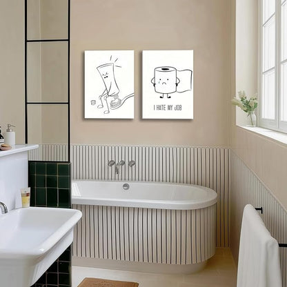 Framed Funny Bathroom Wall Art Set of 2,Black and White Cartoon Toilet Humor Canvas Prints,Cute Toothpaste and Toilet Paper Painting Pictures,Modern Minimalist Bathroom Decor for Home Restroom 12x16IN