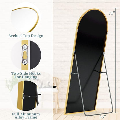Full Length Mirror with Stand, 71"x26" Arched Full Body Mirror, Large Stand Up Mirrors, Aluminum Frame Floor Standing Mirrors, Freestanding Hanging Leaning Mounted for Bedroom Living Room, Gold