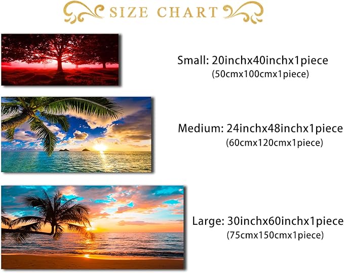 EPHANY Golden Ocean Beach Palm Wall Art Art - 1 Piece Canvas Wall Art Sunset See Tree Landscape Canvas Paintings Posters Print on Canvas Stretched and Framed Ready To Hang (F-1pcs,20x40inchx1pcs)