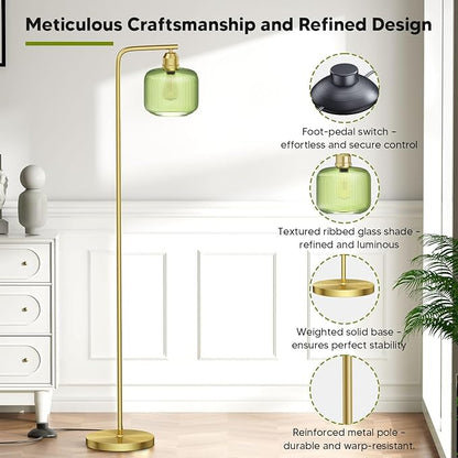 Glass Floor Lamp for Living Room, Modern Standing Lamp with Green Ribbed Glass Lampshade and Pedal Switch, 66” Tall Lamp & Gold Floor Lamp for Bedroom Study Room,Brushed Gold(3000K LED Bulb Included)