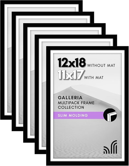 Americanflat 12x18 Poster Frame with Polished Plexiglass - Set of 5 - Use as 11x17 Frame with Mat - Galleria Collection - Picture Frames for Wall Display - Black