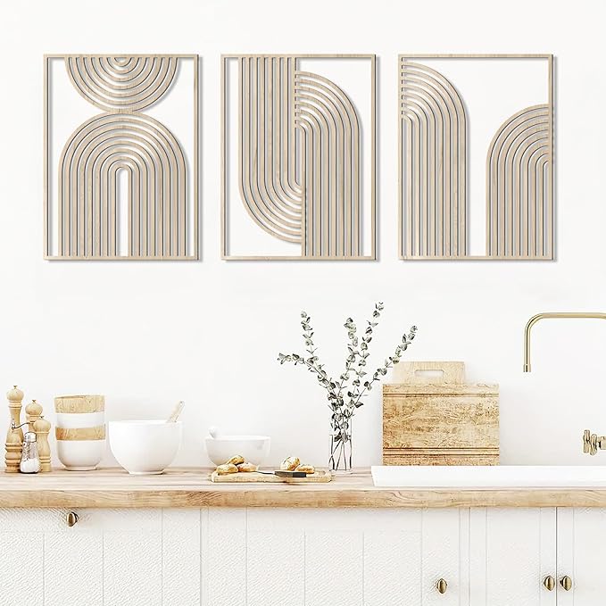 COLOR VALLEYART Set of 3 Modern Wood Wall Art Panels, Boho Geometric Design, 11.4 x 7 inches, Indoor Decor for Living Room, Office (11.8L''x15.7''Wx3Pcs)