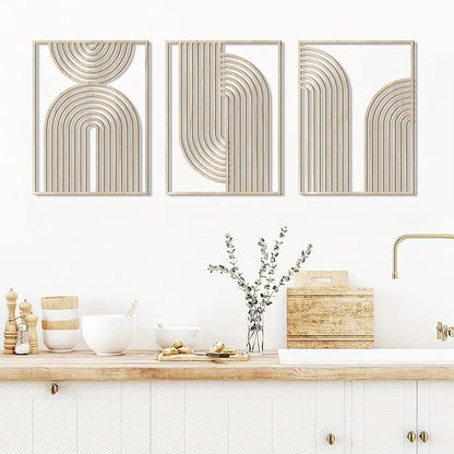 COLOR VALLEYART Set of 3 Modern Wood Wall Art Panels, Boho Geometric Design, 11.4 x 7 inches, Indoor Decor for Living Room, Office (11.8L''x15.7''Wx3Pcs)