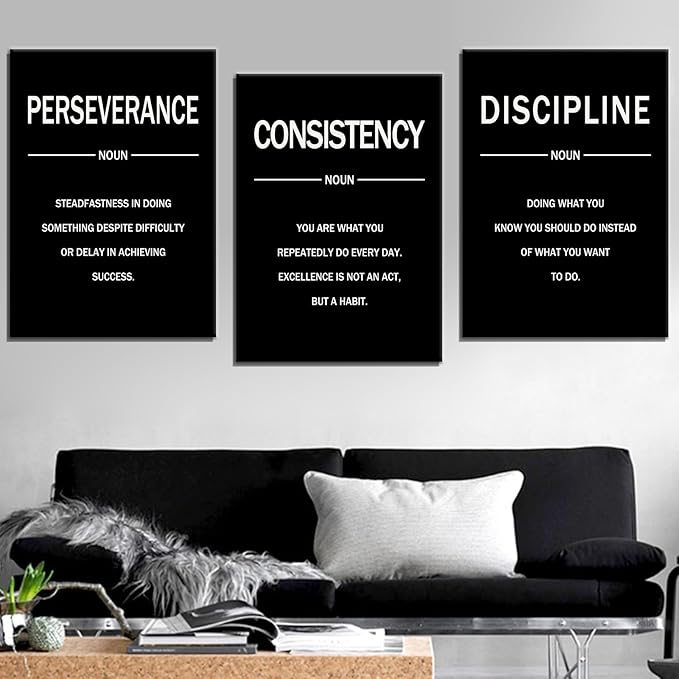 3 Pieces Motivational Canvas Wall Art Perseverance Discipline Consistency Inspirational Quotes Poster Print Positive Wall Decor Artwork for Living Room Workplace Stretched and Framed [60''W x 28''H]