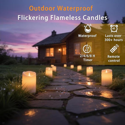 Outdoor Flameless Candles, Patented 3D Dual-LED, Set of 9 Slanted Resin Pillars with 2 Remotes, Bulk Party Decor for Fireplace Holiday, Non-Melting Waterproof Battery Operated, (Ivory)