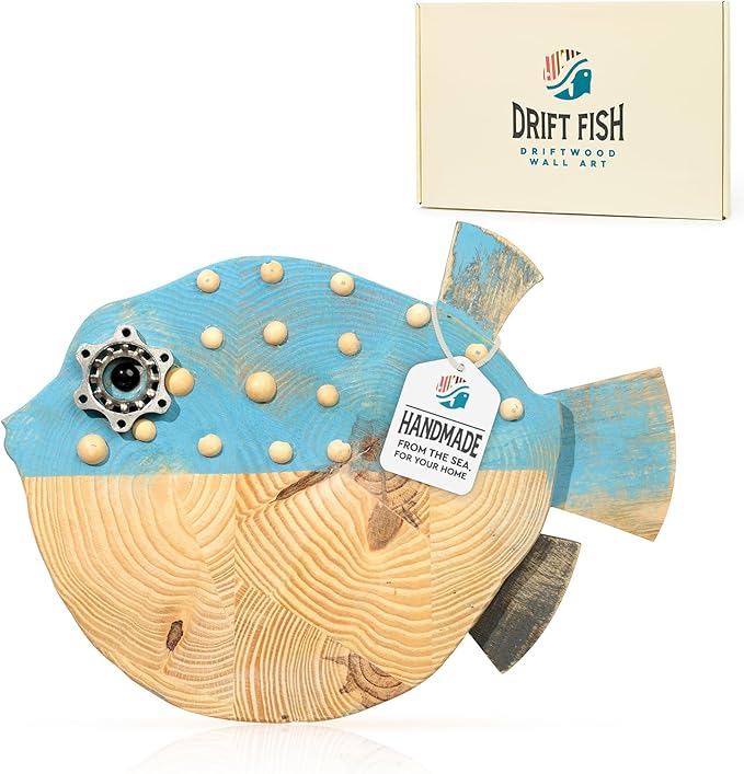 Driftwood Fish Nautical Wall Decor - Handmade Wooden Rustic Coastal Wall Art for Living Room, Bedroom, Office, Bathroom - Ocean Beach Decoration (Bubba)