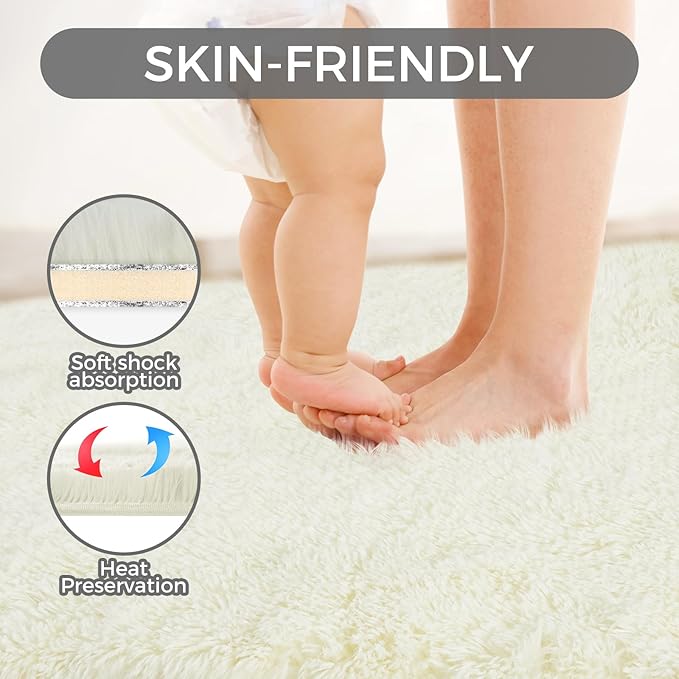 Ultra Soft Rug for Living Room, 6X9 Fluffy Shag Area Rug for Bedroom, Modern Shaggy Carpets Fuzzy Rug for Teens Dorm Nursery Home Decor Aesthetic, Upgrade Anti-Skid Durable, Cream White