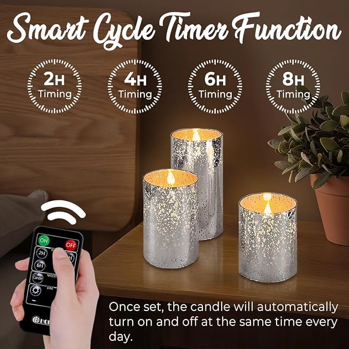 LEDHOLYT Rechargeable Flameless Candle, Flickering LED Pillar Glass Fake Candle with Remote and Timer, Built-in Battery Real Wax Electronic Candle for Room Decoration, Set of 3