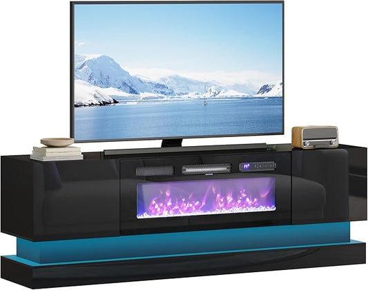 WelFurGeer 36" Electric Fireplace TV Stands with LED Lights, High-Gloss Modern Media Console Table for TV up to 75", Black Fireplace TV Stand with Storage, Entertainment Center for Living Room