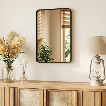 NEWBULIG 20X28 Inch Bathroom Mirror for Over Sink, Wall Vanity Mirrors Tempered Glass, Anti-Rust Metal Framed Rounded Rectangle, Hangs Horizontally or Vertically, Farmhouse Home Decor, Black
