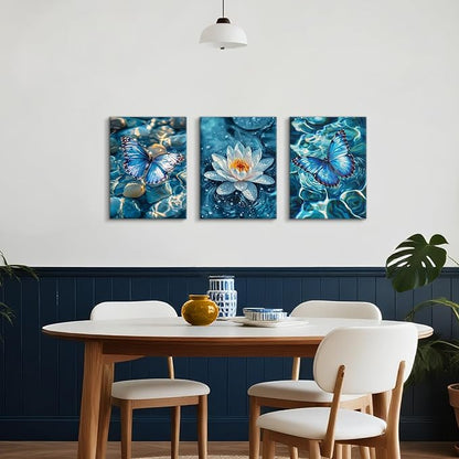 3Pcs Calm Zen Butterfly Canvas Wall Art, Blue Water Lily Pond Pictures Zen Stones White Lotus Flower Paintings Yoga Spa Spiritual Meditation Room Painting Decor Poster Art Prints for Bedroom 12"x16"x3