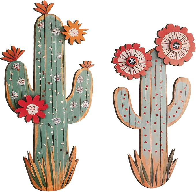 flangairy 3D Cactus Wall Decor, Set of 2 Wooden Cactus Flower Picture Southwestern Wall Art, Western Room Bathroom Bedroom Nursery Kitchen Decorations for Home
