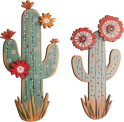 flangairy 3D Cactus Wall Decor, Set of 2 Wooden Cactus Flower Picture Southwestern Wall Art, Western Room Bathroom Bedroom Nursery Kitchen Decorations for Home