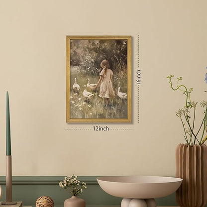 Wood Framed Canvas Wall Art, Vintage Girl with Ducks Painting Poster, Countryside Pastoral Landscape Print Picture, Rustic Farmhouse Wall Decor for Living Room Bedroom Nursery 12x16 inch