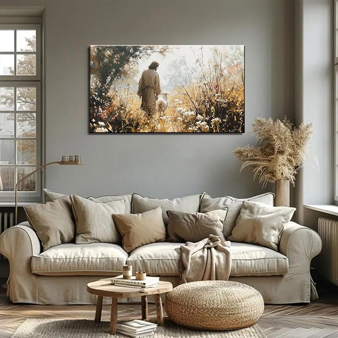 1Pcs Vintage Framed Jesus Lamb Paintings Canvas Wall Art Shepherd Flock Paintings Christian Wall Decor Modern Pictures Religious Art Print for Living Room Bedroom Decoration12inx16in