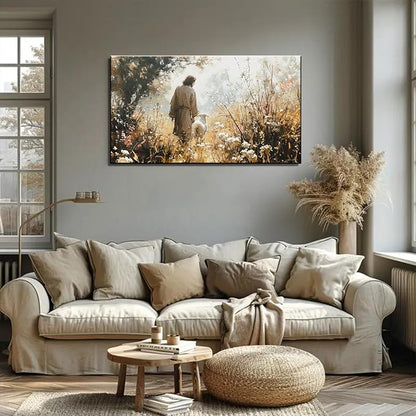 1Pcs Vintage Framed Jesus Lamb Paintings Canvas Wall Art Shepherd Flock Paintings Christian Wall Decor Modern Pictures Religious Art Print for Living Room Bedroom Decoration12inx16in
