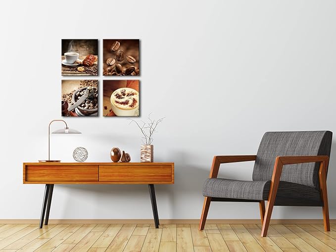 Wieco Art 4 Panels Coffee Bean Kitchen Canvas Wall Art Coffee Cup Canvas Prints Wall Decor Dining Room Canvas Art Contemporary Pictures for Kitchen Bar Decoration