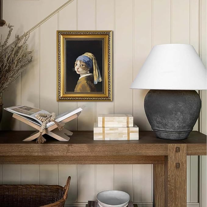 YD&YZY Gold Framed Funny Cat Wall Art Canvas Girl with a Pearl Earring Cat Wall Decor Unique Cute Animal Painting Picture Print for Bedroom Living Room Bathroom 8x10 inch Small Framed