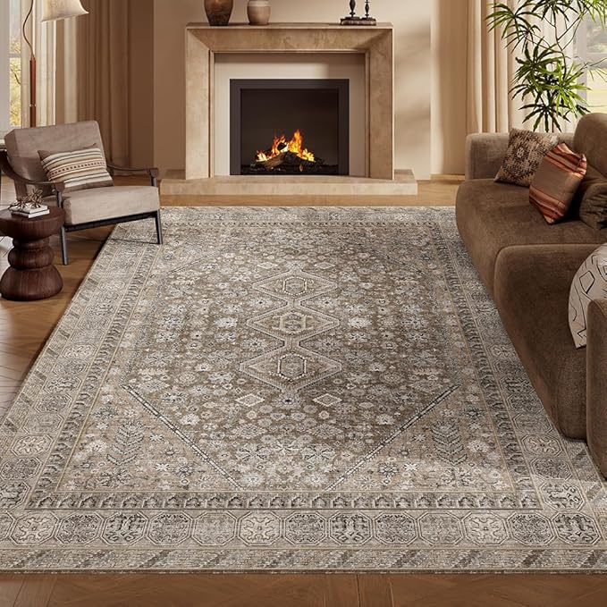 5x7 Area Rugs Beige Brown Washable Rug for Living Room, Bedroom, Dining Room, Large Carpets, Non Slip & Non-Shedding Low Pile Vintage Print Rug for Home Office Decor
