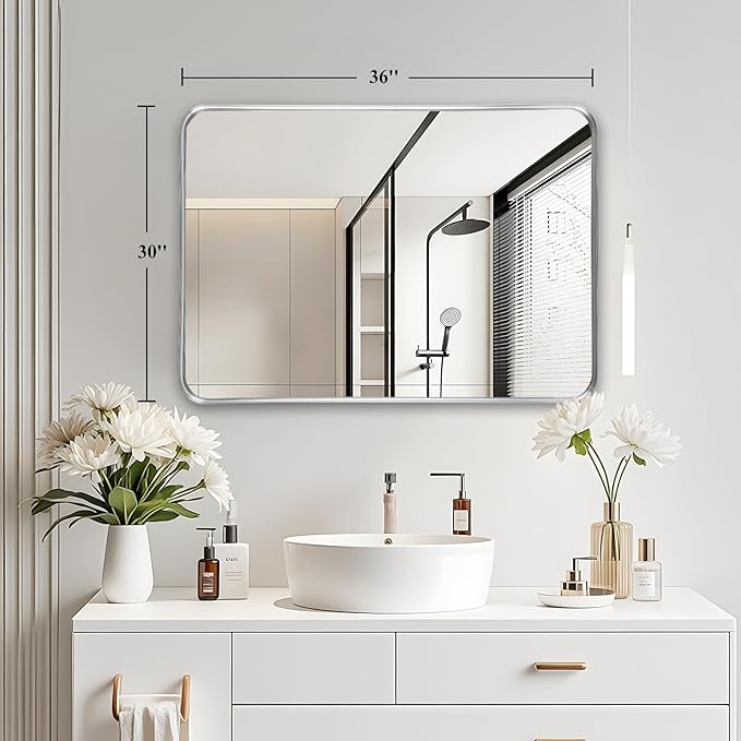 Fabuday Silver Bathroom Mirror - 30x36 Inch Over Sink Wall Mirrors for Bathroom, Rectangle Vanity Mirror for Bedroom, Living Room, Entryway, Horizontal or Vertical Hanging