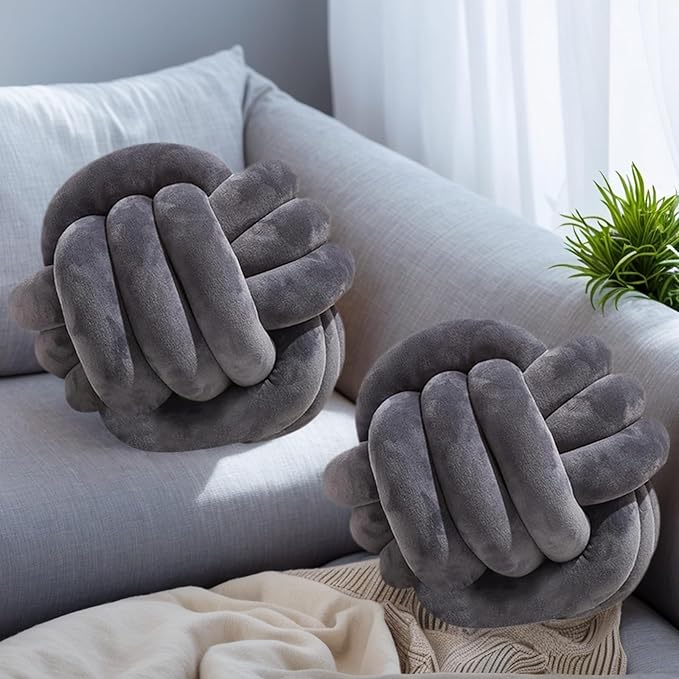 2 Pcs Knot Pillows, Dark Grey Knotted Ball Pillow Plush Throw Pillows for Bed Sofa Couch, 11" Decorative Round Pillow Cushions