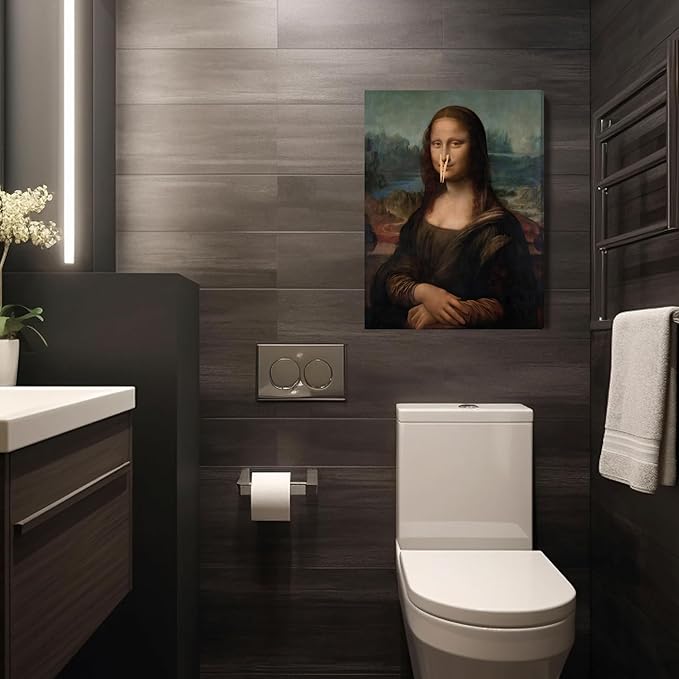 FWAHREN Funny Mona Lisa Bathroom Canvas Wall Art, Framed Vintage Painting Pictures Artwork, Black and White Mona Lisa with Clothespin Nose Poster Wall Decor for Restroom Toilet, Wrapped Canvas 12x16in