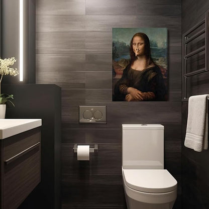 FWAHREN Funny Mona Lisa Bathroom Canvas Wall Art, Framed Vintage Painting Pictures Artwork, Black and White Mona Lisa with Clothespin Nose Poster Wall Decor for Restroom Toilet, Wrapped Canvas 12x16in