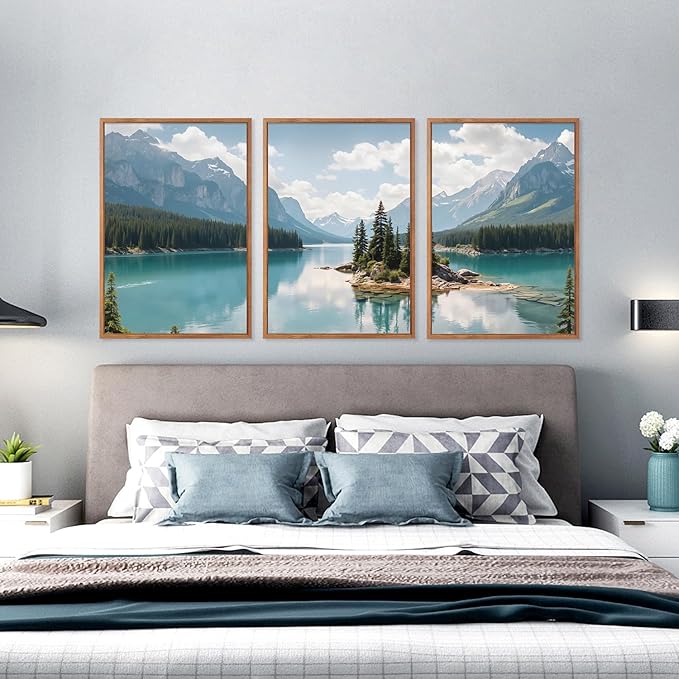 HLNIUC Lake Mountain Landscape Framed Canvas Wall Art,Large Pine Tree Forest Wall Decor,River Island Artwork Set of 3 (24x36),Blue Green Modern Nature Scenery Prints for Living Room,Bedroom,Office