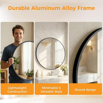 OLIXIS Bathroom Round Mirror for Over Sink, 24 Inch Wall Circle Mirror with Matte Metal Framed, Modern Wall Mount Vanity Mirror for Home Decor, Living Room, Bedroom, Black