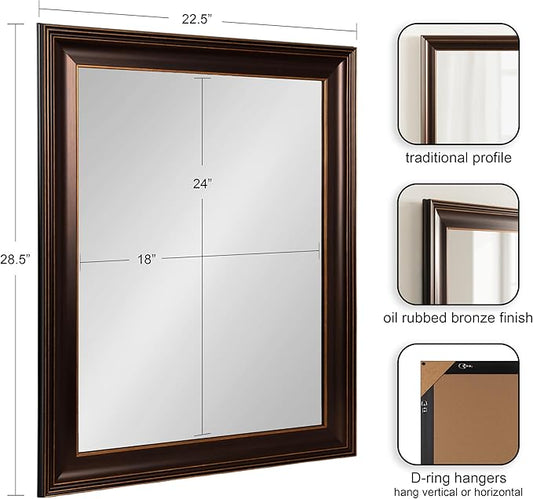 Kate and Laurel Galiano Traditional Framed Rectangle Bathroom Vanity Mirror, 23 x 29, Bronze, Classic Rectangular Bathroom Mirror for Over Sink or for Use as Entryway or Living Room Decor