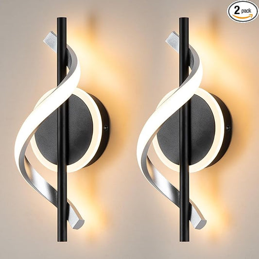 EIDISUNY Black Wall Sconces Sets of 2, 12W Modern Spiral LED Wall Lamp, 3000K Warm White Wall Light Fixture for Stairs Living Room Bedroom Aisle Hallway