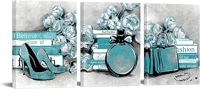 LevvArts 3 Piece Fashion Canvas Wall Art Glam High Heels Perfume Bags with Book Poster Art Painting Prints Framed Modern Teal and Grey Home Bathroom Beauty Room Decorations 12x16inchx3pcs