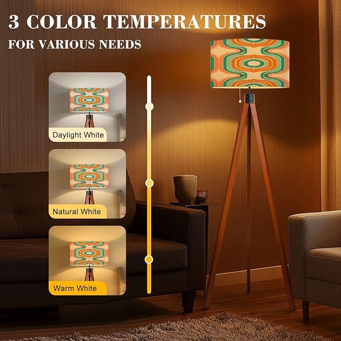 Wood Tripod Floor Lamp 50s Mid Century Modern Seamless Mid Century Standing Lamp Linen Shade Dimmable Modern Tall lamp Home Decor for Living Room Bedroom Office