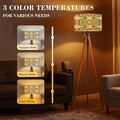 Wood Tripod Floor Lamp 50s Mid Century Modern Seamless Mid Century Standing Lamp Linen Shade Dimmable Modern Tall lamp Home Decor for Living Room Bedroom Office