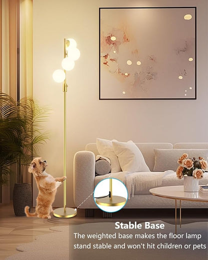 Lightdot 64IN Dimmable Globe Floor Lamp, Gold Standing Lamps with 4PCS 3000K Bulbs Warm White, Mid Century Modern Floor Lamp with 5Lbs Heavy Base for Living Room/Bedroom/Sofa Beside/Corner Decor