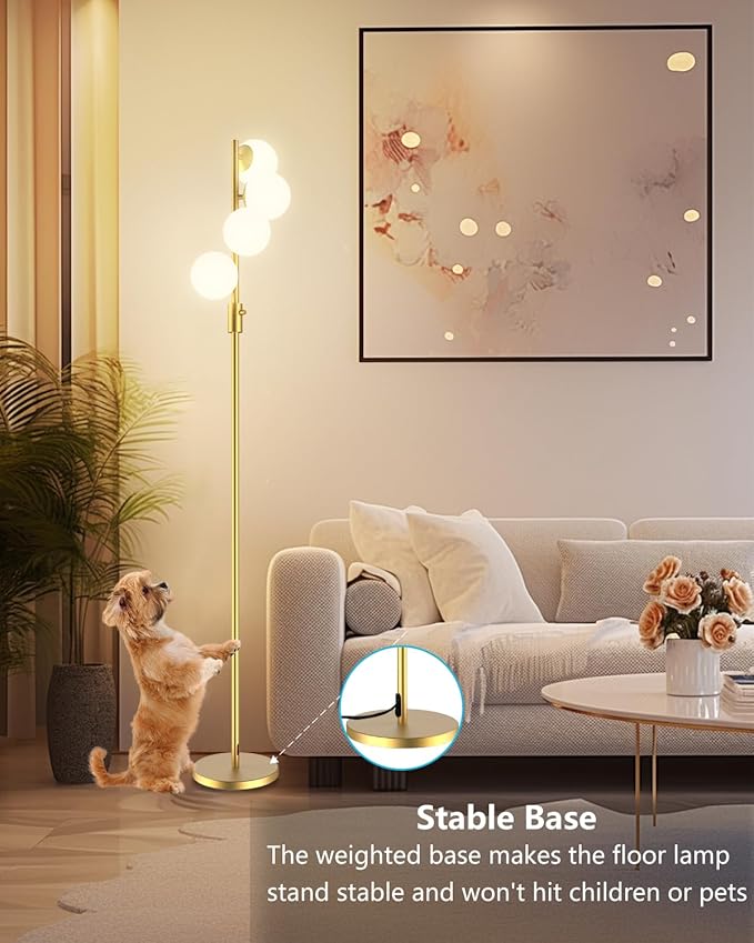 Lightdot 64IN Dimmable Globe Floor Lamp, Modern Gold Standing Lamps with 4PCS Warm White Bulbs Included,Mid Century Floor Lamp with 5Lbs Heavy Base for Living Room/Bedroom/Sofa Beside/Corner Decor
