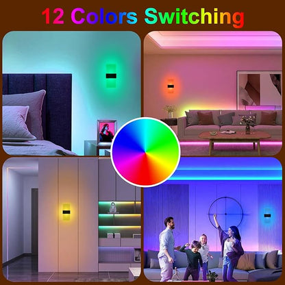 12 Color Changing RGB Wall Sconce, Rechargeable Battery Operated LED Wall Light, Remote Dimmable Magnetic Night Light for Bedroom Hallway Stairway Decor