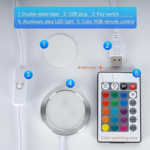5PCS Remote Control RGB Light LED Lamp Kit 001,Power Failure Memory Function for Bambu Lab Multicolor Makerworld for Anycubic Makeronline 3D Printer Light DIY Hardware Model Parts USB