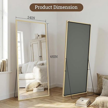 Gold Mirror Full Length, 65"x24" Floor Mirror with Stand, Full Body Mirrors for Bedroom, Hanging Mounted for Living Room Cloakroom, Shatterproof Tempered Glass Floor Mirror