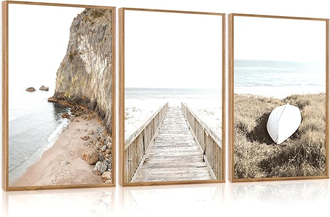 Aurlan Neutral Beach Coastal Framed Wall Art(16"x24"), 3PCS Boho Ocean Shore Waves Bridge Pathway Boardwalk Sailboat Canvas Artwork, Large Abstract Modern Seaside Seascape Landscape Nautical Decor for Bedroom Living Room