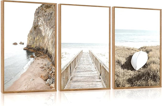 Aurlan Neutral Beach Coastal Framed Wall Art(16"x24"), 3PCS Boho Ocean Shore Waves Bridge Pathway Boardwalk Sailboat Canvas Artwork, Large Abstract Modern Seaside Seascape Landscape Nautical Decor for Bedroom Living Room
