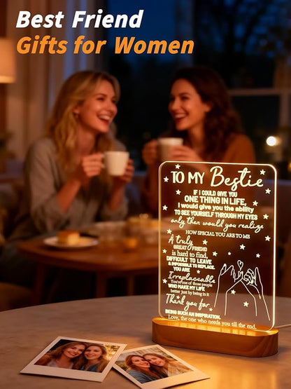 to My Bestie Gifts, Best Friend Gift for Women 3D Illusion Lamp, I Love You Friends Night Light for BFF Christmas White Elephant Gifts, Soft Warm Color Wooden Table Lamp